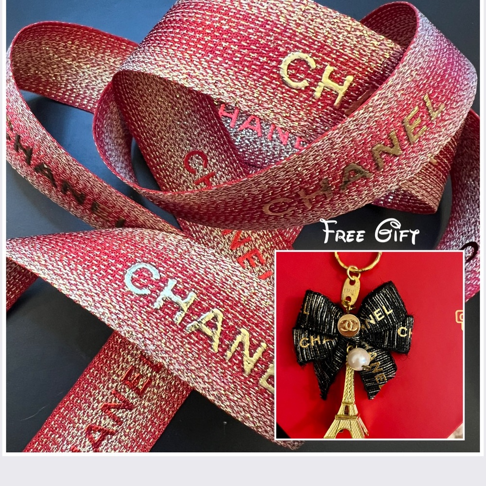CHANEL Red and Gold Gift Wrapping  Ribbon 2 Yards